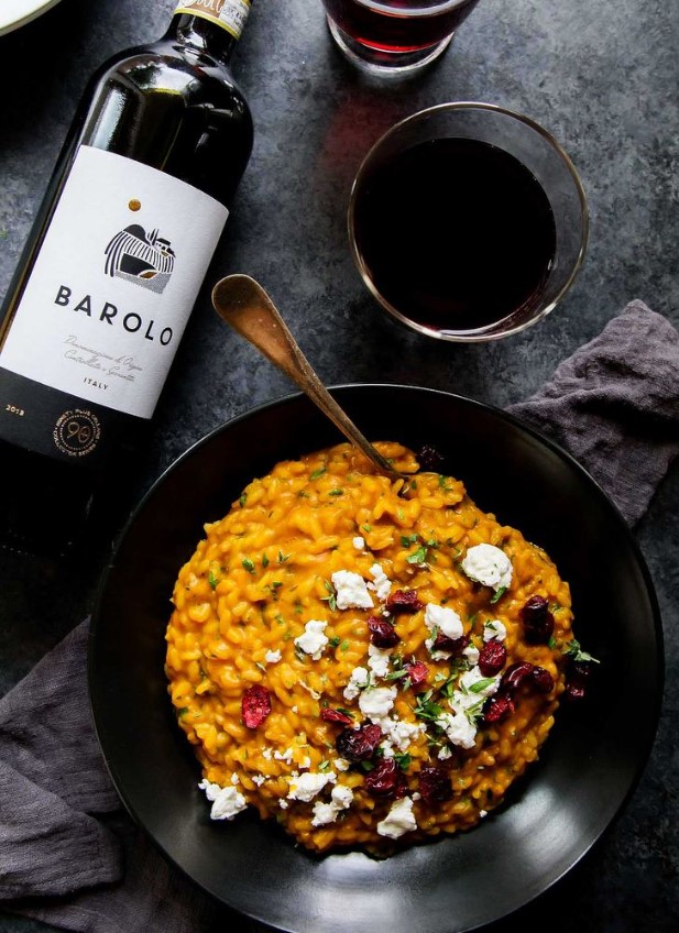 bottle of wine with pumpkin risotto