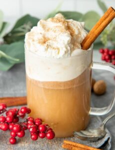 Hot Butter Rum cocktail with cranberry whipped cream and cinnamon stick in a glass